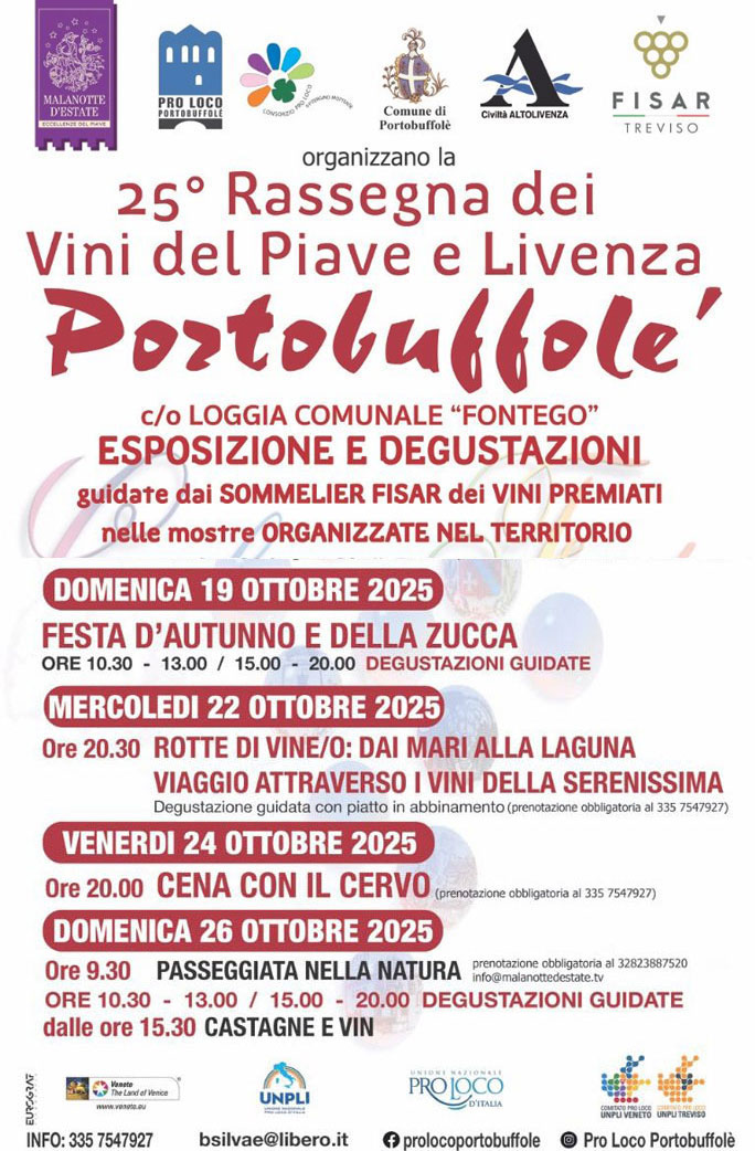 Portobuffolè 25ª Rassegna dei Vini del Piave e Livenza dal 12 Ottobre al 26 Ottobre 2025