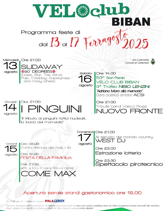 Carbonera Biban Feste di Ferragosto dal 13 Agosto al 17 Agosto 2025