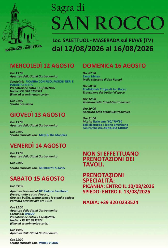 Maserada sul Piave Salettuol Sagra di San Rocco dal 12 Agosto al 16 Agosto 2026