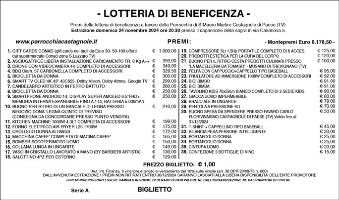 2024 CASTAGNOLE SAGRA DI SAN MAURO lotteria di beneficenza