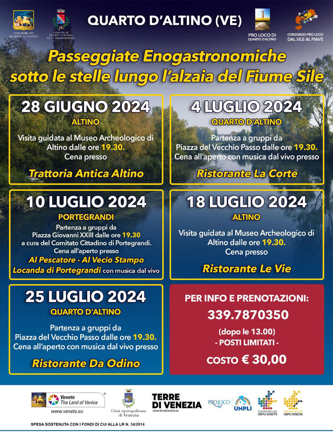 2024 QUARTO D'ALTINO PASSEGGIATE ENOGASTRONOMICHE SOTTO LE STELLE LUNGO L'ALZAIA DEL FIUME SILE
